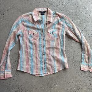 Gordon James SM Top Pink Blue Striped Cotton Button Up Western Fun Vintage